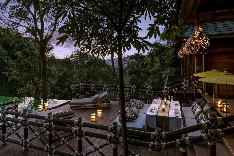 Outdoor lounge at Four Seasons Tented Camp Golden Triangle