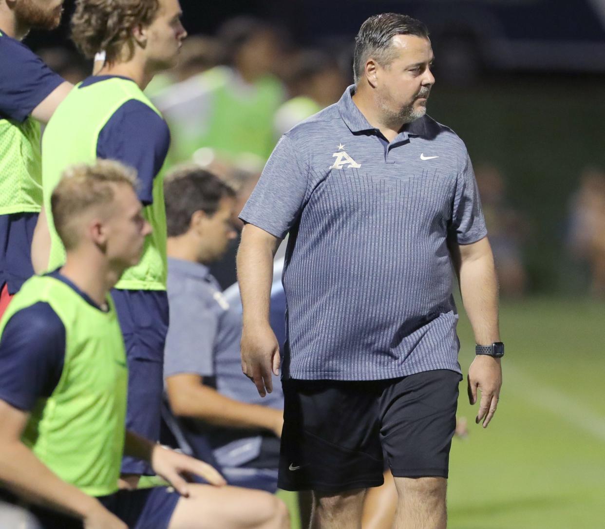 University of Akron head coach Jared Embick on the sidelines as the Zips take on VCU on Monday, Aug. 29, 2022 in Akron, Ohio, at FirstEnergy Stadium.