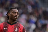 AC Milan's Rafa Leao looks on during a Serie A soccer match between Juventus and Milan at the Allianz Stadium in Turin, Italy, Saturday, April 27, 2024. (Marco Alpozzi/LaPresse via AP)