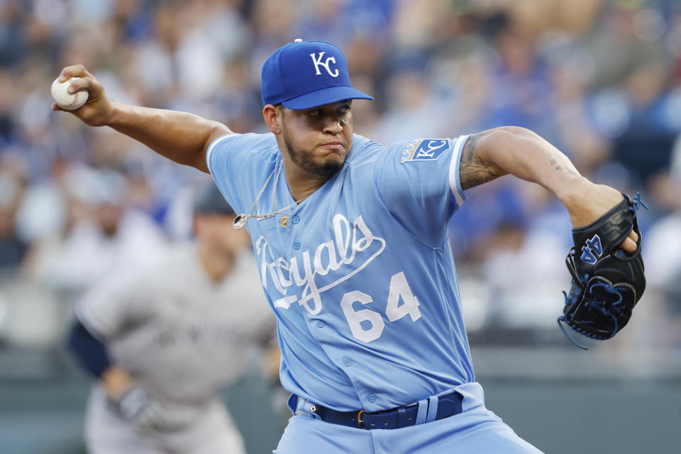 Kansas City Royals pitcher Steven Cruz delivers to a New York Yankees batter during the first inning of a baseball game in Kansas City, Mo., Saturday, Sept. 30, 2023. (AP Photo/Colin E. Braley)