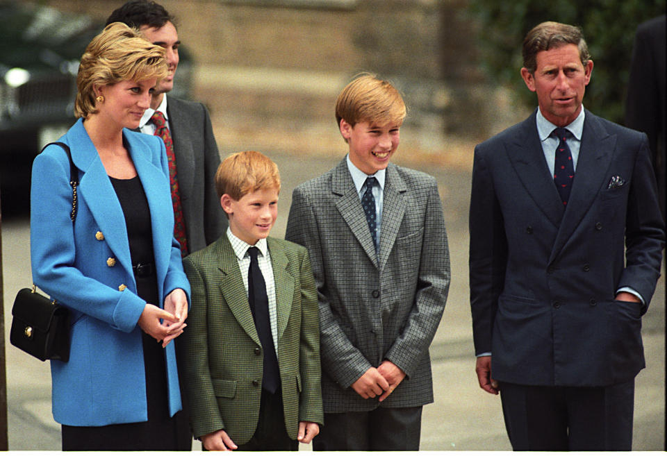 Eton,England  September 6, 1995. Princess Diana, Prince Harry, Prince William, Prince Charles at Prince William's first day at Eton. (Photo by Tom Wargacki/WireImage)