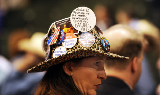 Colorado Delegate, Kendal Unruh, from Castle Rock Colorado, sports several buttons on her hat on the first day of the 2008 Republican National Convention at the Excel Energy Center in St. Paul, MN in 2008. (Photo: Andy Cross/The Denver Post via Getty Images)