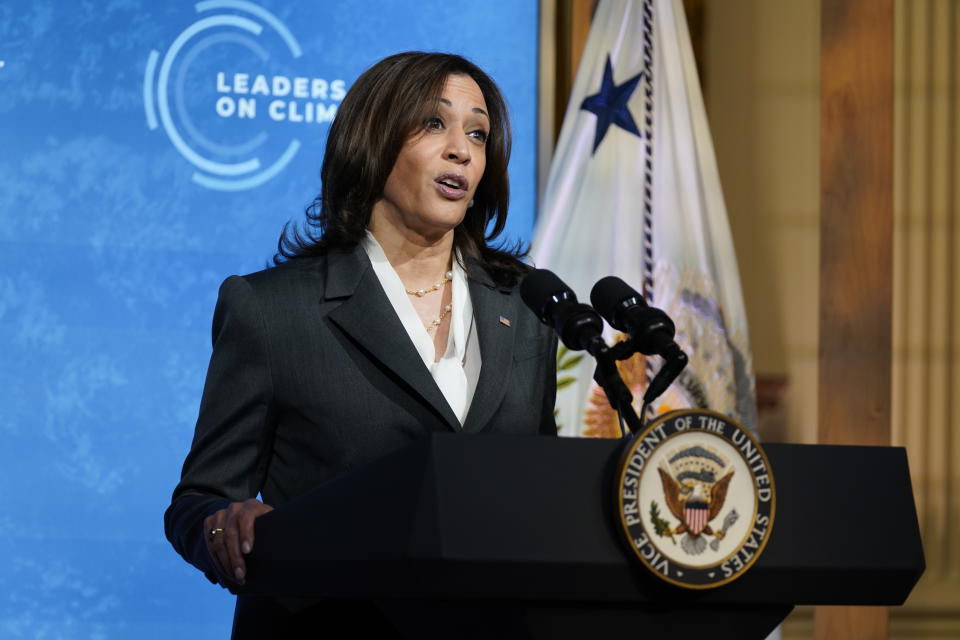 Vice President Kamala Harris speaks to the virtual Leaders Summit on Climate, from the East Room of the White House, Thursday, April 22, 2021, in Washington. (AP Photo/Evan Vucci)