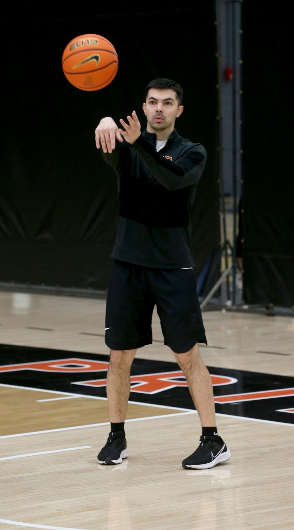 Princeton University Assistant Coach Brett MacConnell on the court at the University's Jadwin Gym Monday afternoon, March 20, 2023.  The team were preparing for their NCAA Sweet 16 appearance.