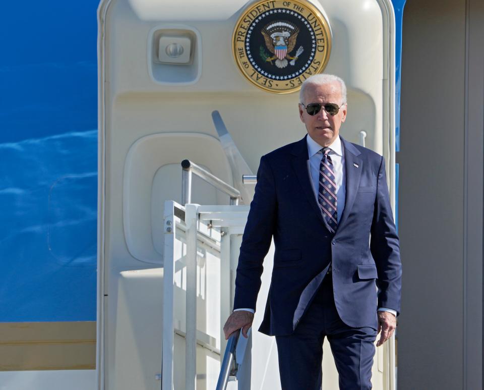 September 9, 2022; Columbus, Ohio, USA; President of the United States Joe Biden arrived at John Glenn International Airport in Columbus, Oh. on Friday on his way toto the groundbreaking of Intel's semiconductor factories in Licking County.Mandatory Credit: Barbara J. Perenic/Columbus Dispatch