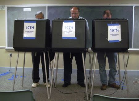 Virginia registered voters cast their ballot at a "In-Person Absentee Voting" location at McLean Governmental Center in McLean, Virginia, U.S. on October 25, 2008. REUTERS/Hyungwon Kang/File Photo