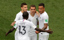<p>France’s Antoine Griezmann celebrates scoring their second goal with team mates REUTERS/Carlos Barria </p>