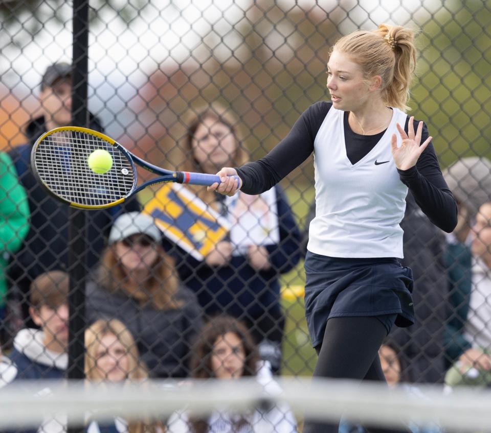 Archbishop Hoban's Haley Slay returns a shot from Eaton's Mallory Hitchcock during Day 1 of the OHSAA state tennis tournament Oct. 19, 2023, in Wooster.