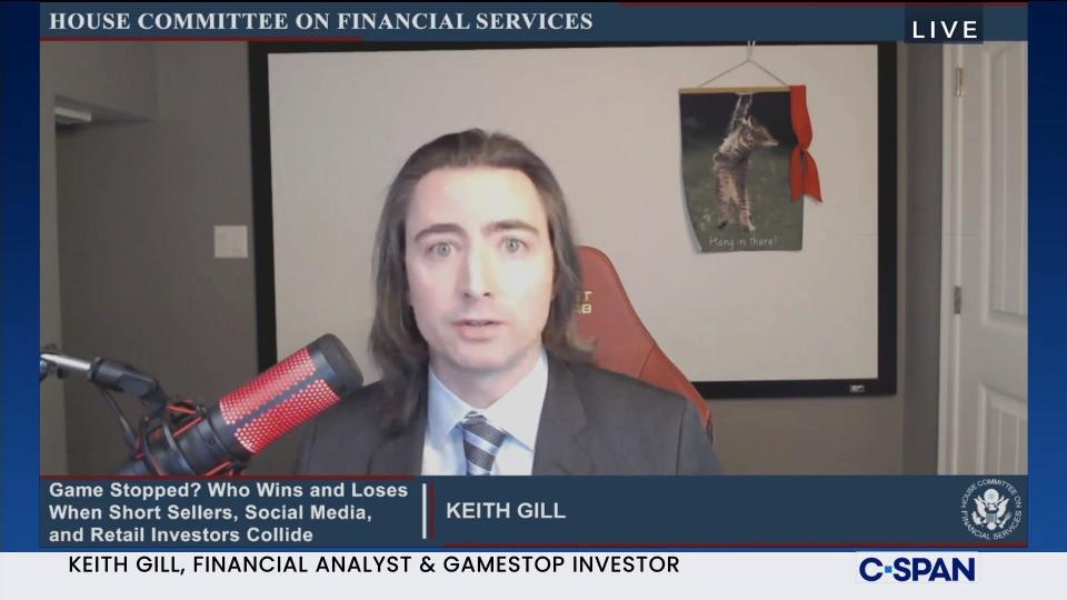 Keith Gill testifies before Congress and the House Committee on Financial Services during a virtual hearing related to his investment in GameStop stock, Thursday, Feb. 18, 2021.