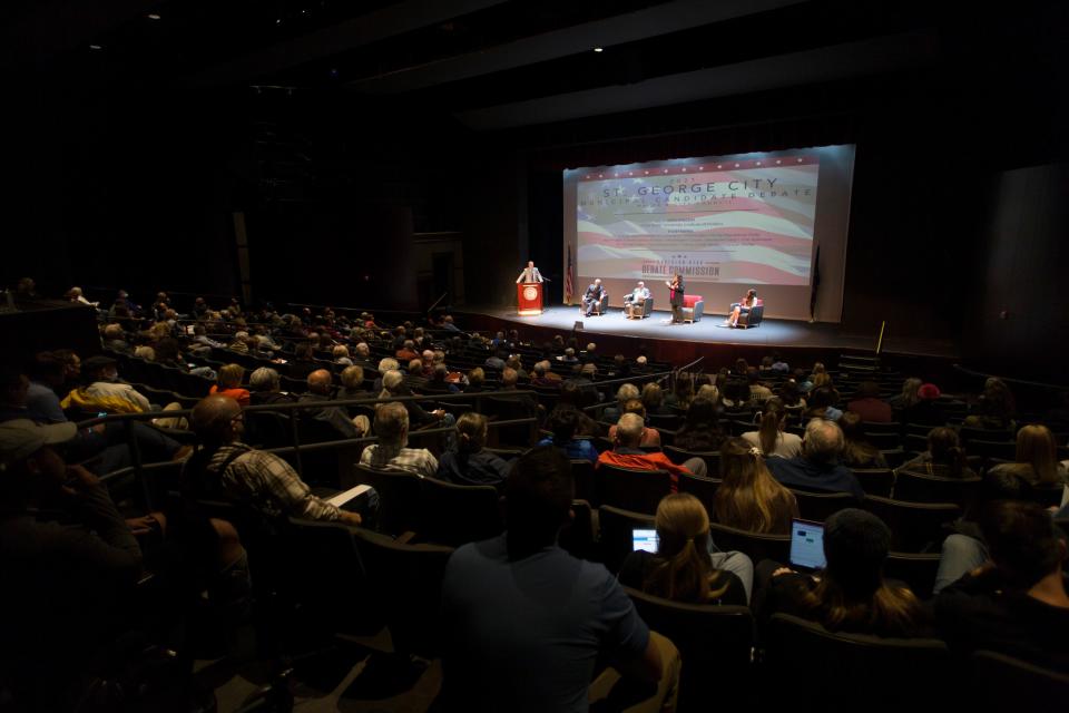 Candidates participate in a debate hosted by the Washington County Debate Coalition at the Dolores Doré Eccles Fine Arts Center at Utah Tech University on Oct. 12, 2021. The coalition is hosting another debate at the venue this week, this time featuring candidates for local races included in the 2022 election.