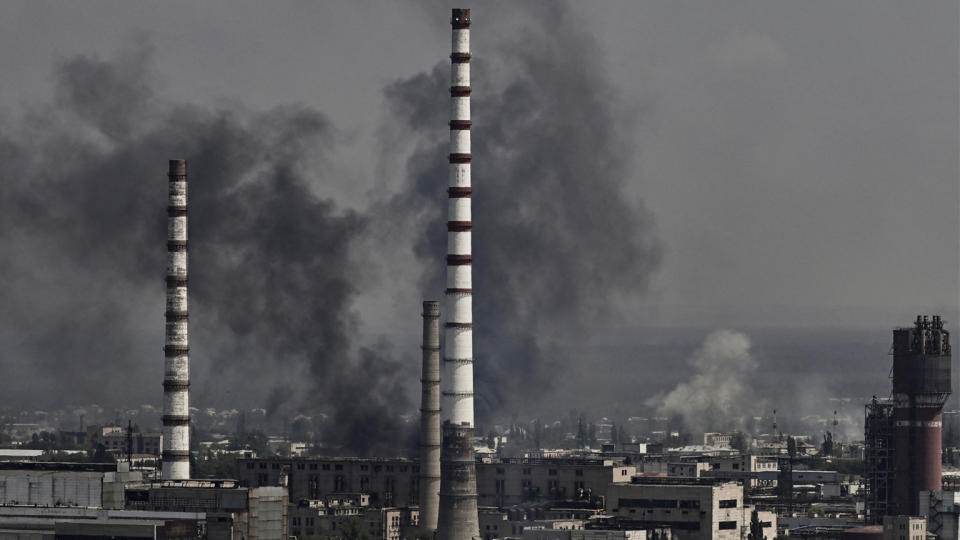 Smoke and dirt rise from the city of Severodonetsk during fighting between Ukrainian and Russian troops in the eastern Ukrainian region of the Donbas on June 14. 