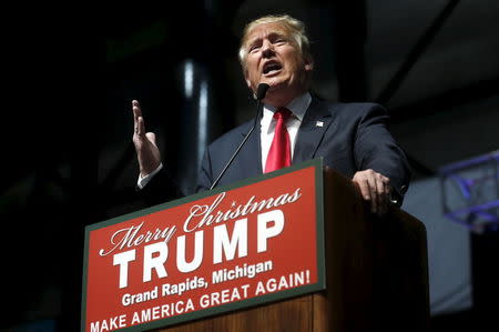 U.S. Republican presidential candidate Donald Trump addresses the crowd during a campaign rally in Grand Rapids, Michigan December 21, 2015. REUTERS/Rebecca Cook