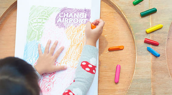 Crafty woodblock-rubbing stations are dotted around Changi Airport, with paper and crayons provided. Picture: Supplied