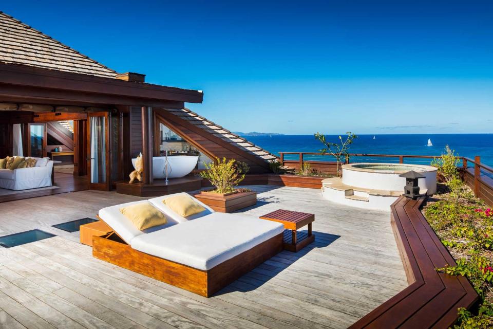 Terrace with hot tub at Necker Island, in the British Virgin Islands