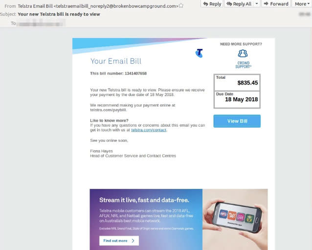 Cyber security firm Mail Guard said the email appears as a really convincing Telstra email bill (pictured). Source: Mail Guard