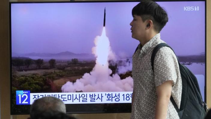 A TV screen shows a file image of North Korea’s missile launch during a news program at the Seoul Railway Station in Seoul, South Korea, Wednesday, July 12, 2023. North Korea launched a long-range ballistic missile toward its eastern waters Wednesday, its neighbors said, two days after the North threatened “shocking” consequences to protest what it called a provocative U.S. reconnaissance activity near its territory.