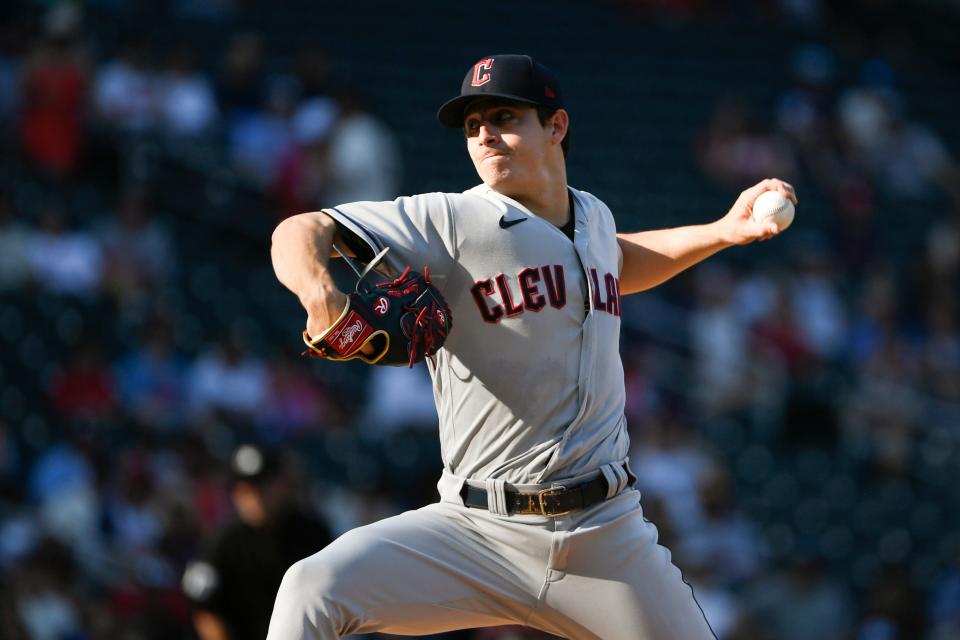 Cleveland Guardians pitcher Logan Allen throws against the Minnesota Twins during the first inning of a baseball game, Saturday, June 3, 2023, in Minneapolis. (AP Photo/Craig Lassig)