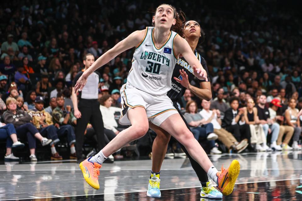 Liberty forward Breanna Stewart (30) and Sky forward Angel Reese (5) at Barclays Center in Brooklyn, New York on May 23, 2024.