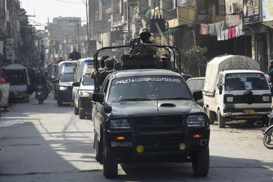 A convoy of security forces patrol in city areas to ensure security ahead of Feb. 8 general elections, in Rawalpindi, Pakistan, Monday, Feb. 5, 2024. Pakistan is holding parliamentary election this week but many voters are disillusioned and wonder if the balloting can bring any real change in a country mired in political feuding, a seemingly intractable economic crisis and a resurgent militancy. (AP Photo/W. K. Yousufzai)