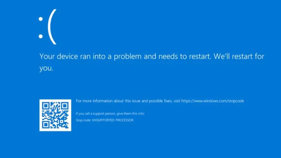 Blue Screen of Death with an “UNSUPPORTED_PROCESSOR” error message