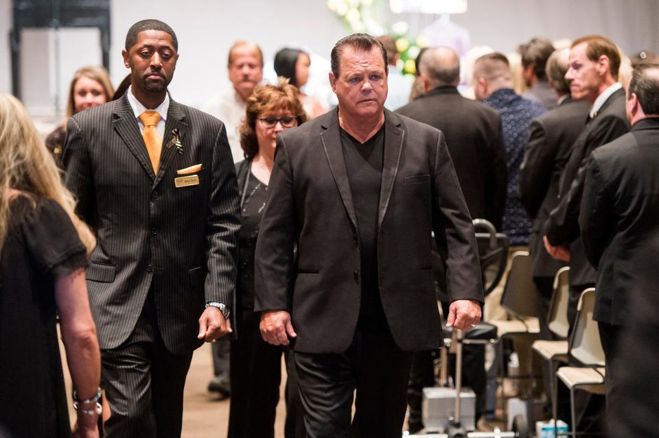 Jerry Lawler attends the funeral of his son Brian Christopher Lawler on Aug, 3, 2018, at Hope Church in Cordova.