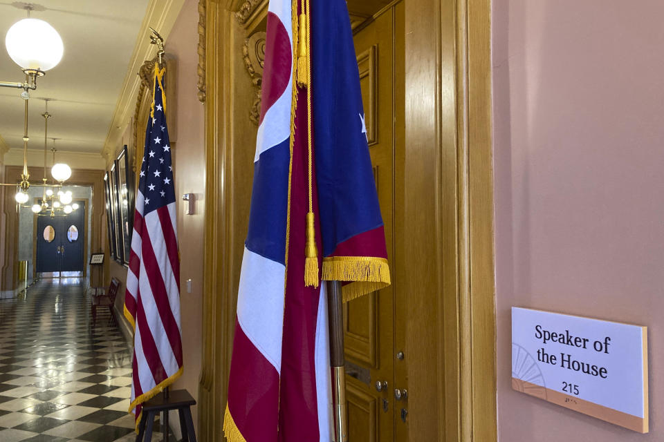 The Statehouse office of Republican Ohio House Speaker Jason Stephens is seen on Tuesday, Feb. 14, 2023, in Columbus, Ohio. Infighting among the chamber's GOP supermajority has roiled lawmaking in the state since the start of the year. (AP Photo/Julie Carr Smyth)