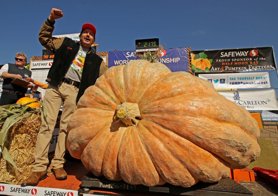 Leonardo Urena of Napa, Calif., reacts after learning his pumpkin weighed in at 2,175 lbs., a new California weight record on Monday, Oct. 14, 2019, in Half Moon Bay, Calif.