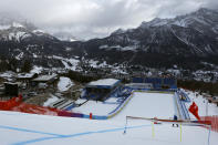 A view of the course after an alpine ski, women's World Cup downhill training was cancelled, in Cortina d'Ampezzo, Italy, Thursday, Jan. 25, 2024. (AP Photo/Alessandro Trovati)