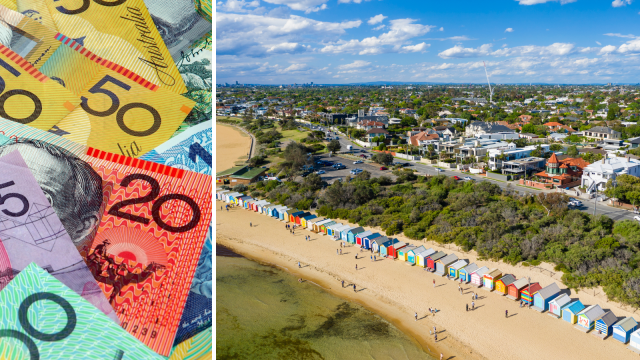 Composite of money, and houses and property at Brighton Beach, Melbourne.