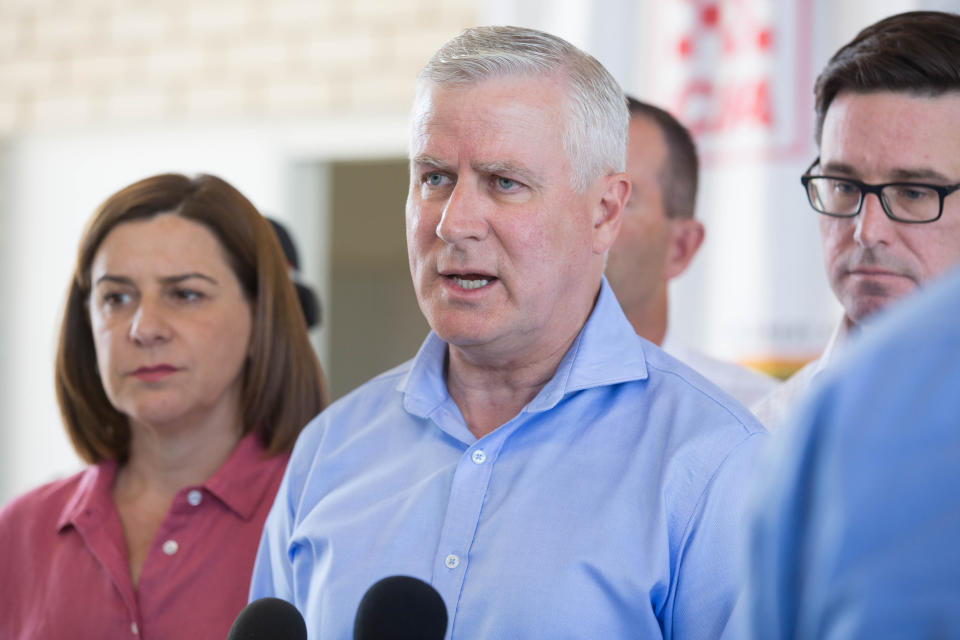 Deputy Prime Minister Michael McCormack speaks to the media during a press conference at the Queensland Fire and Emergency Services Deployment Centre in Warana, Queensland on Sunday. Source: AAP