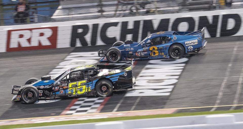 Jeremy Gerstner, driver of the #55 Jerry Hunt SuperCenter, KD Construction, and Donny Lia, driver of the #3 Propane Plus — SYP, during the Virginia Is For Racing Lovers 150 for the NASCAR Whelen Modified Tour at Richmond Raceway in Richmond, Virginia on April 1, 2022. (Sanjay Suchak/NASCAR)