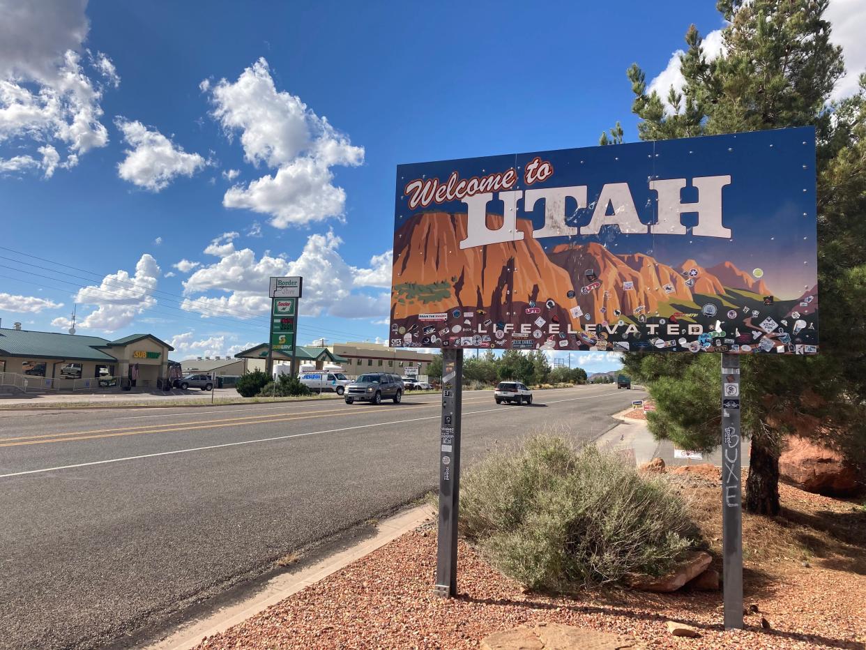 A sign welcomes motorists across the state line from Arizona to Utah where Colorado City and Hildale straddle the state line. The two towns have long been associated with polygamy and figures like Warren Jeffs, the jailed leader of the Fundamentalist Church of Jesus Christ of Latter Day Saints, but local officials and many residents say the towns have changed dramatically in the past decade.