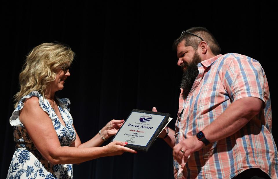 Josh Myers receives the 2023 Citizen of the Year Award during the 2024 Raven Award ceremony on Wednesday, June 5, 2024, in Ravenna.