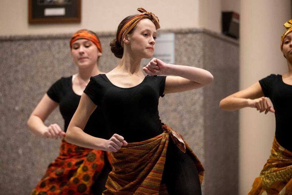 Dancers from Mona Lisa Lanier Dance Studio perform during a Black History Month event at city hall in downtown Jackson on Friday, February 24, 2023. 