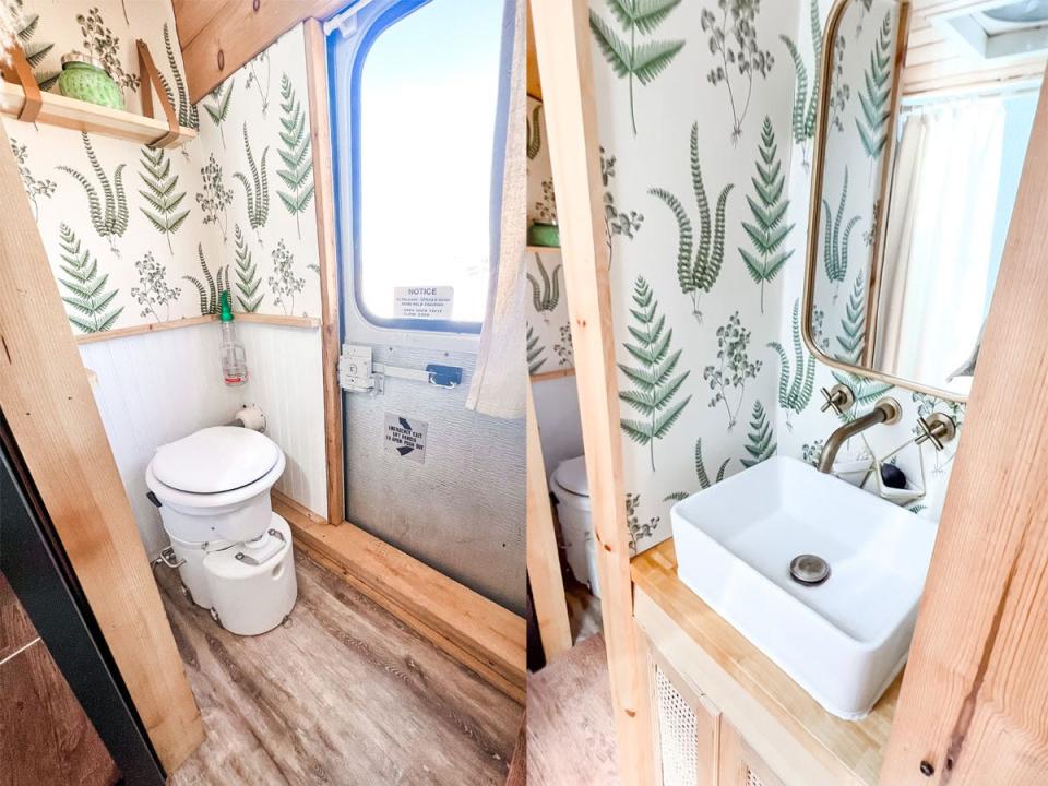 kristin reid's bathroom set up in her converted school bus, the toilet on the left and the vanity on the right