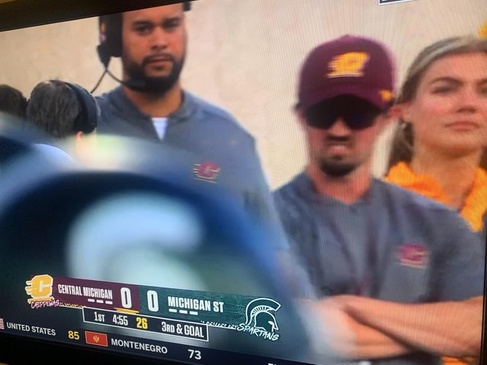 Potential photo of suspended Michigan assistant Connor Stalions on the sidelines in Central Michigan gear as they faced Michigan State on Friday, Sept. 1, 2023 at Spartan Stadium in East Lansing. CMU officials say they are investigating if this is in fact Stalions.