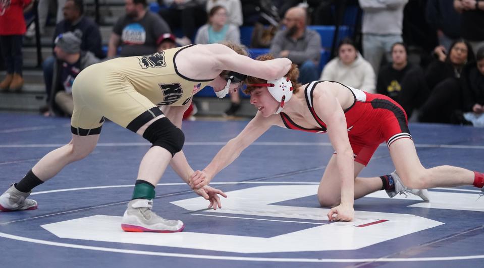 Clarkstown NorthÕs Dylan LaRocco wrestles Tappan ZeeÕs Justin Reiss in the 124-pound championship match at the Rockland County Wrestling Championships at Suffern High School on Saturday, Jan. 20, 2024.