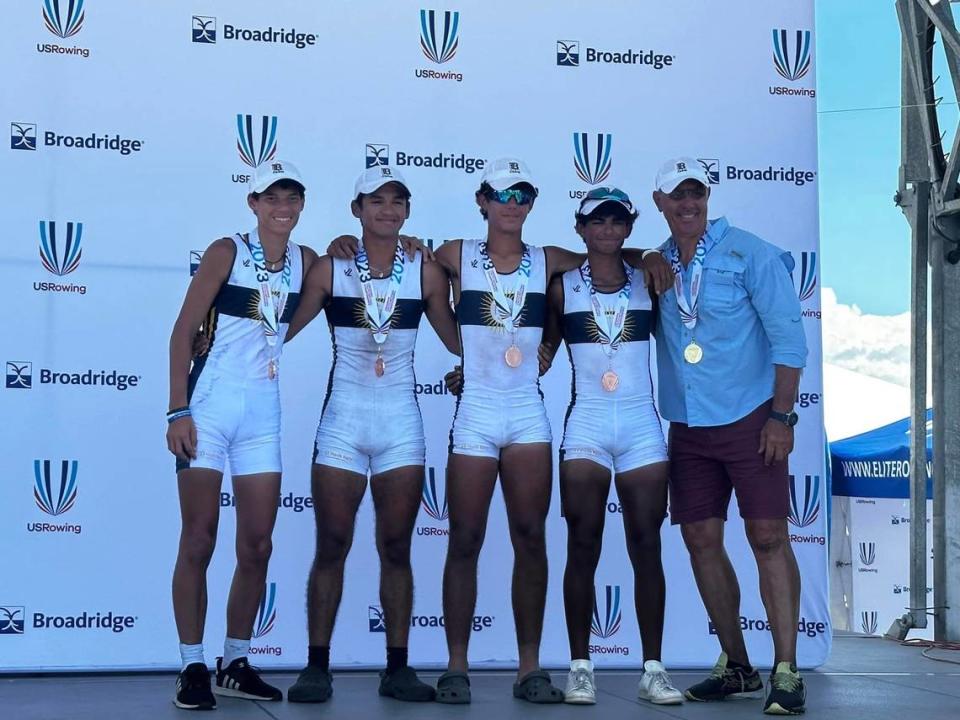 The Belen Boys’ U17 Quad earned bronze at youth nationals in Sarasota. Photo Courtesy Belen Crew