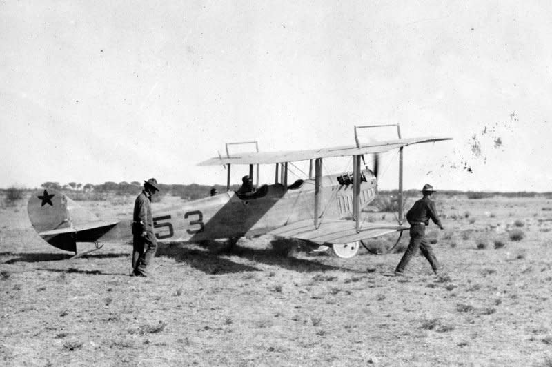 Lt. Carleton G. Chapman of the First Aero Squadron, USA Aviation Corps, leaves Casas Grandes, Mexico, on a scouting mission during the 1916-17 Pancho Villa Expedition in Mexico. On March 19, 1916, eight Curtiss JN-3 "Jenny" airplanes with the First Aero Squadron took off from Columbus, N.M., to aid troops that had invaded Mexico in pursuit of the bandit Pancho Villa. It was the first U.S. air combat mission in history. File Photo by Library of Congress/UPI