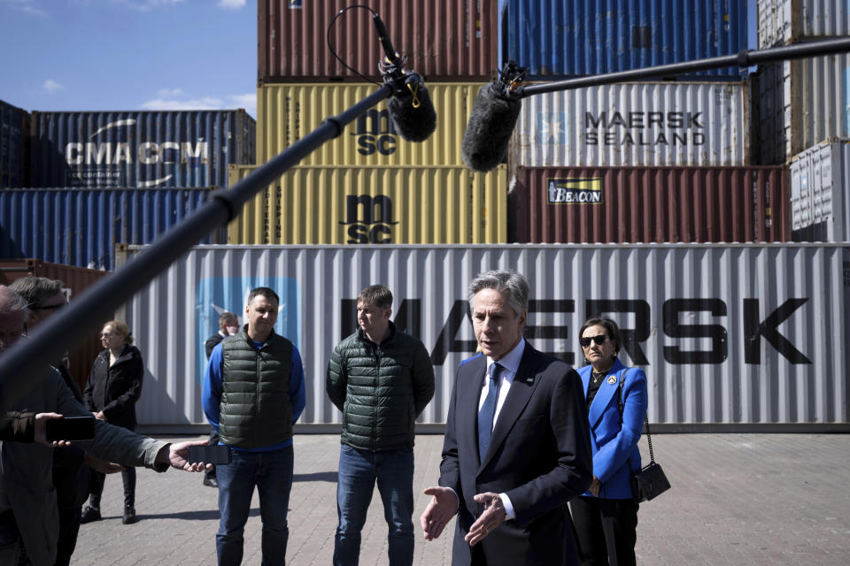 US Secretary of State Antony Blinken speaks to the media during his visit to an agricultural logistics and transshipment facility in Vyshneve, Kyiv region, on Wednesday, May 15, 2024. Blinken, who arrived Tuesday on a two-day visit, sought to rally Ukrainians' spirits during the new Russian offensive, assuring them that they are not alone and that billions of dollars in American military aid that is on the way after months of political delays will make a “real difference” on the battlefield. (Brendan Smialowski/Pool Photo via AP)