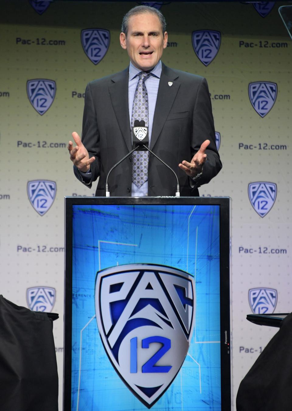 Pac-12 commissioner Larry Scott speaks during Pac-12 media day at Hollywood & Highland.