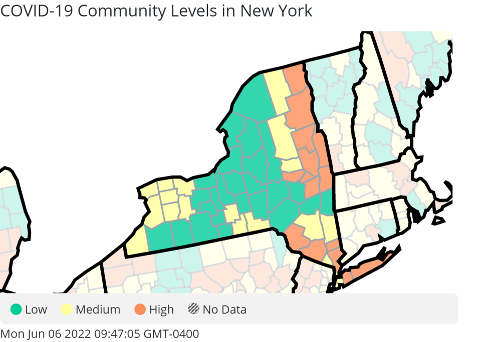 COVID-19 community risk levels by county in New York according to CDC.