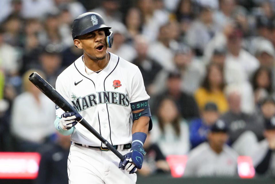 Seattle Mariners' Julio Rodriguez reacts to striking out against the New York Yankees during the seventh inning of a baseball game Monday, May 29, 2023, in Seattle. The Yankees won 10-4. (AP Photo/Lindsey Wasson)