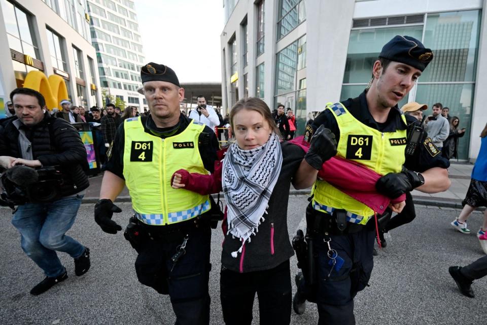Greta Thunberg being led away by police in Malmo on Saturday (TT NEWS AGENCY/AFP via Getty Ima)