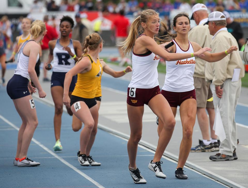 Ankeny competes in the 4A girls 4x400 during the 2022 Iowa high school track and field state championships at Drake Stadium in Des Moines Friday, May 20, 2022.