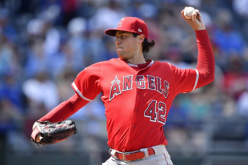 Los Angeles Angels starting pitcher Tyler Skaggs throws in the first inning during Monday's baseball game against the Kansas City Royals on June 25, 2018, at Kauffman Stadium in Kansas City, Mo. (John Sleezer/Kansas Ciy Star/Tribune News Service via Getty Images)