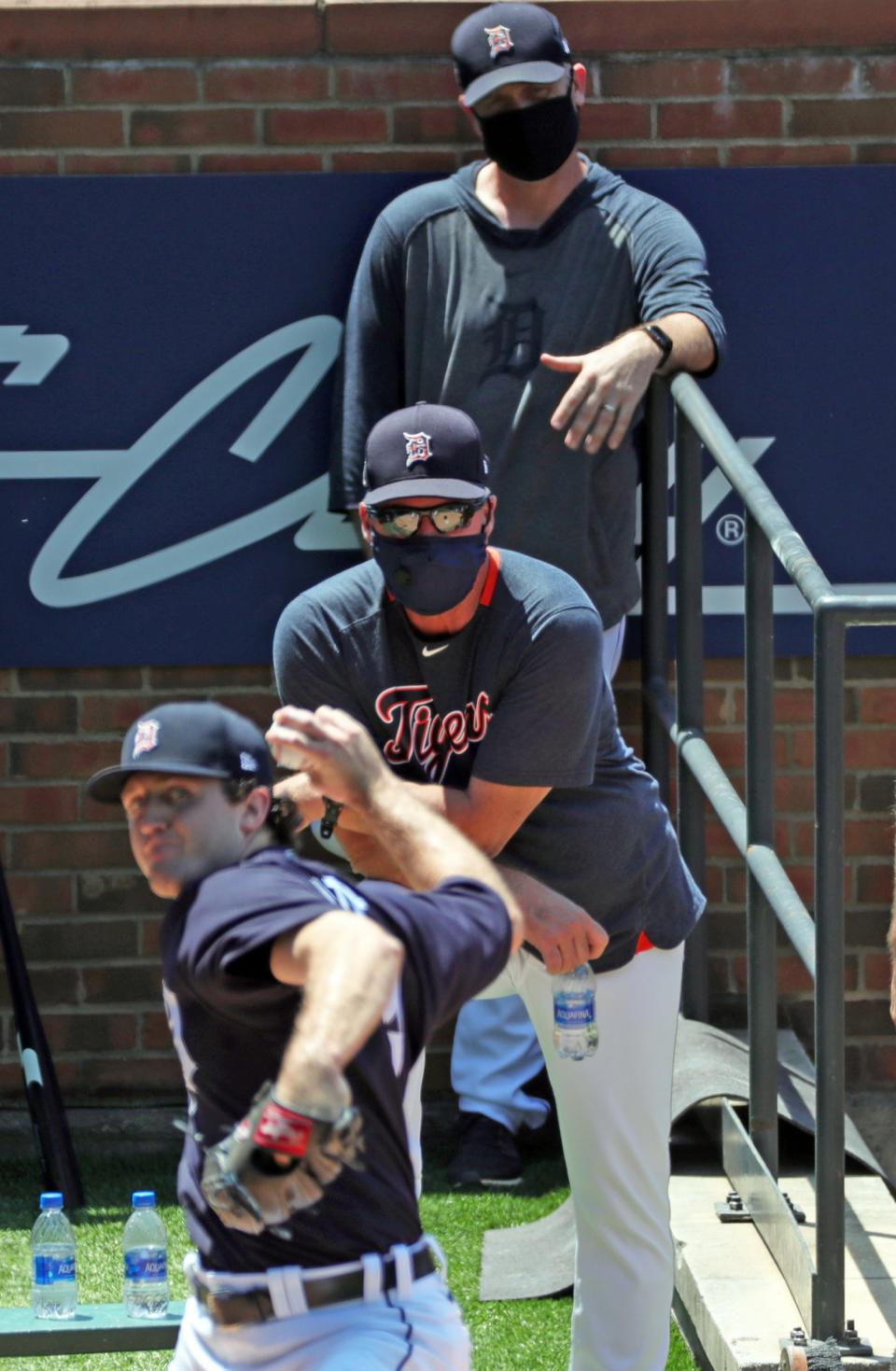 The Detroit Tigers held workouts at Comerica Park Saturday, July 4, 2020. Pitching coach Rick Anderson watches prospect Casey Mize during his bullpen session.