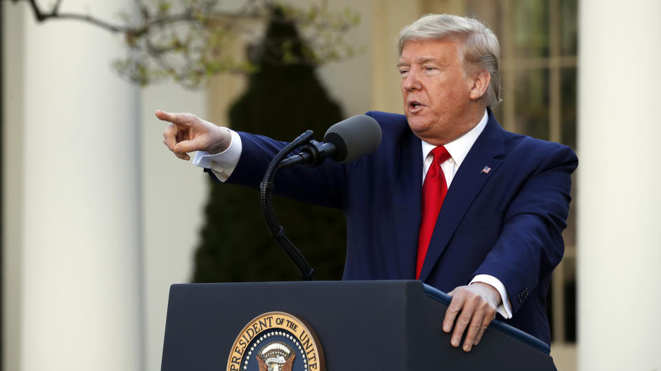 President Donald Trump speaks about the coronavirus in the Rose Garden of the White House, Monday, March 30, 2020, in Washington. (AP Photo/Alex Brandon)