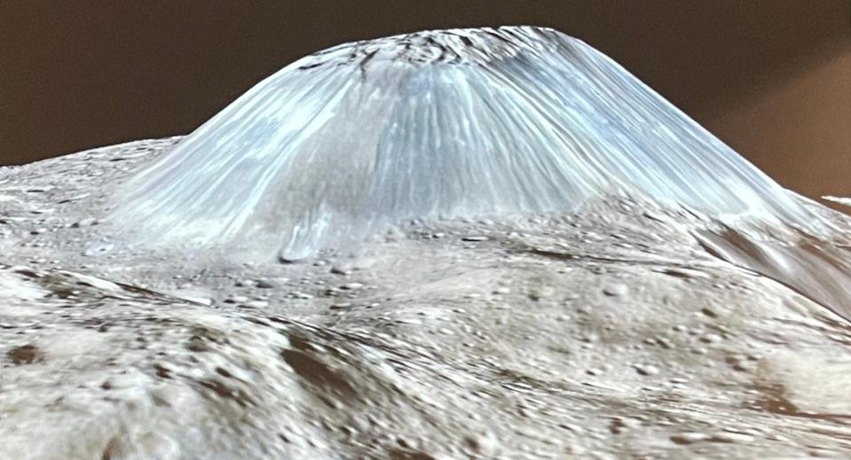 First ever discovered cryovolcano (ice volcano) seen on Ceres, a dwarf planet in the asteroid belt between Mars and Jupiter. The “lava” is brine (water with dissolved salts including sulfates, sodium carbonates, and ammonium chloride). Called Ahuna Mons, this 2.5-mile–high dome was formed from recently extruded brine.