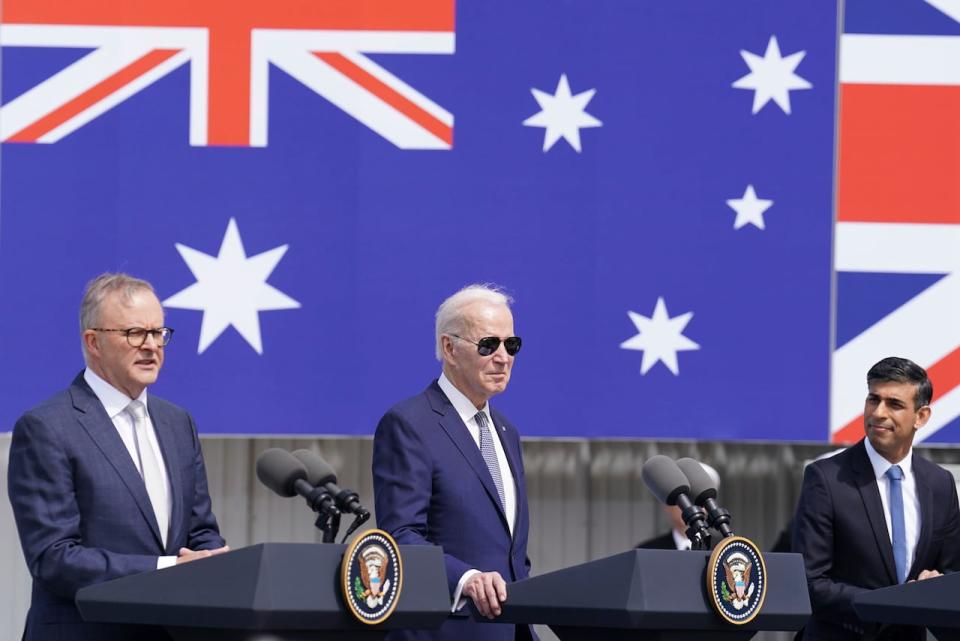 Britain's Prime Minister Rishi Sunak, right, meets with U.S. President Joe Biden and Prime Minister of Australia Anthony Albanese, left, at Point Loma naval base in San Diego, U.S., on March 13, 2023. The three leaders gathered to announce the new AUKUS trilateral security pact.